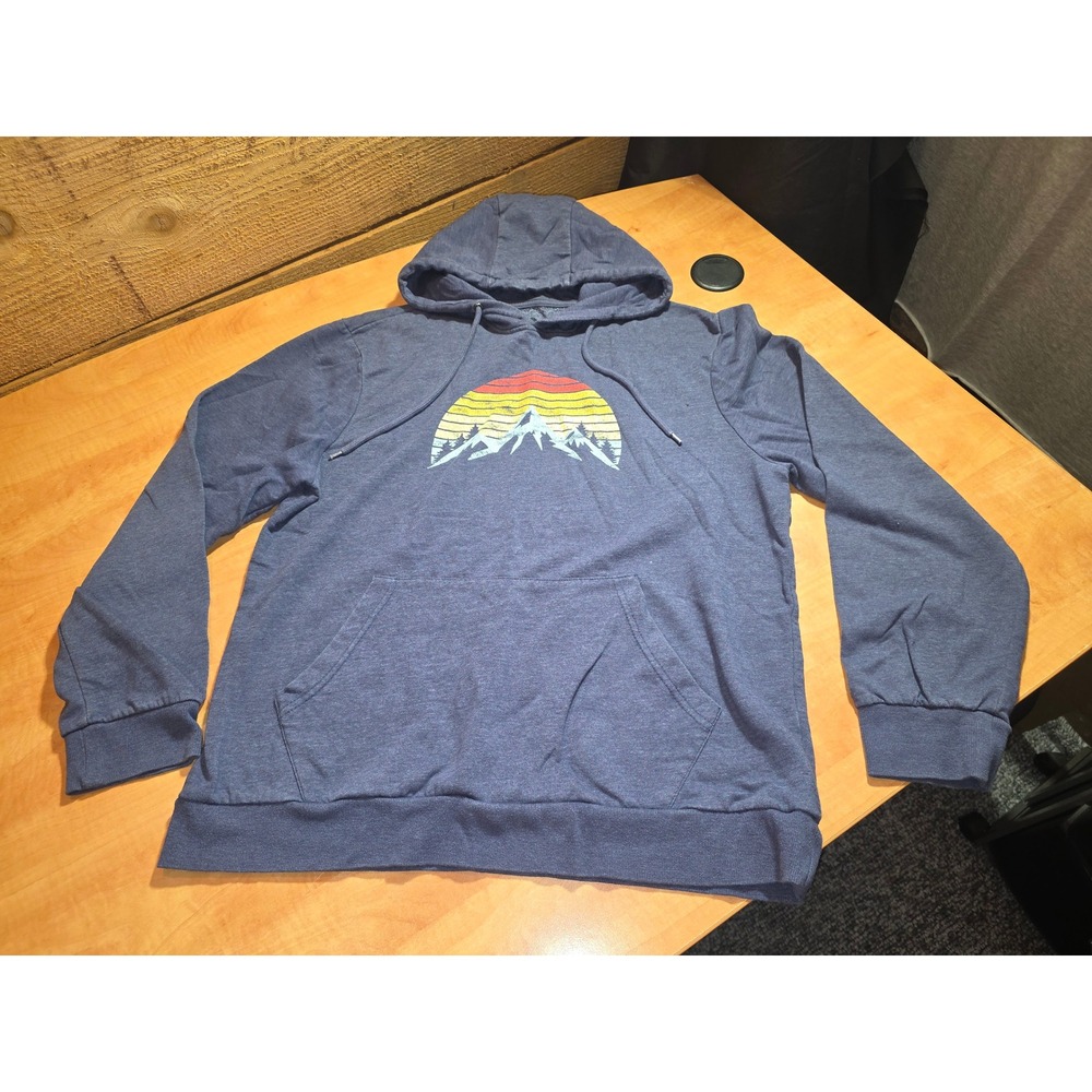 Mountain and Isles Mens Blue Retro Mountain Sunset Graphic Hoodie Sweatshirt L